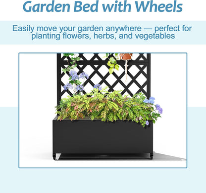 Metal Planter Box with Trellis & Wheels, Raised Garden Bed with Privacy Screen, Outdoor Standing