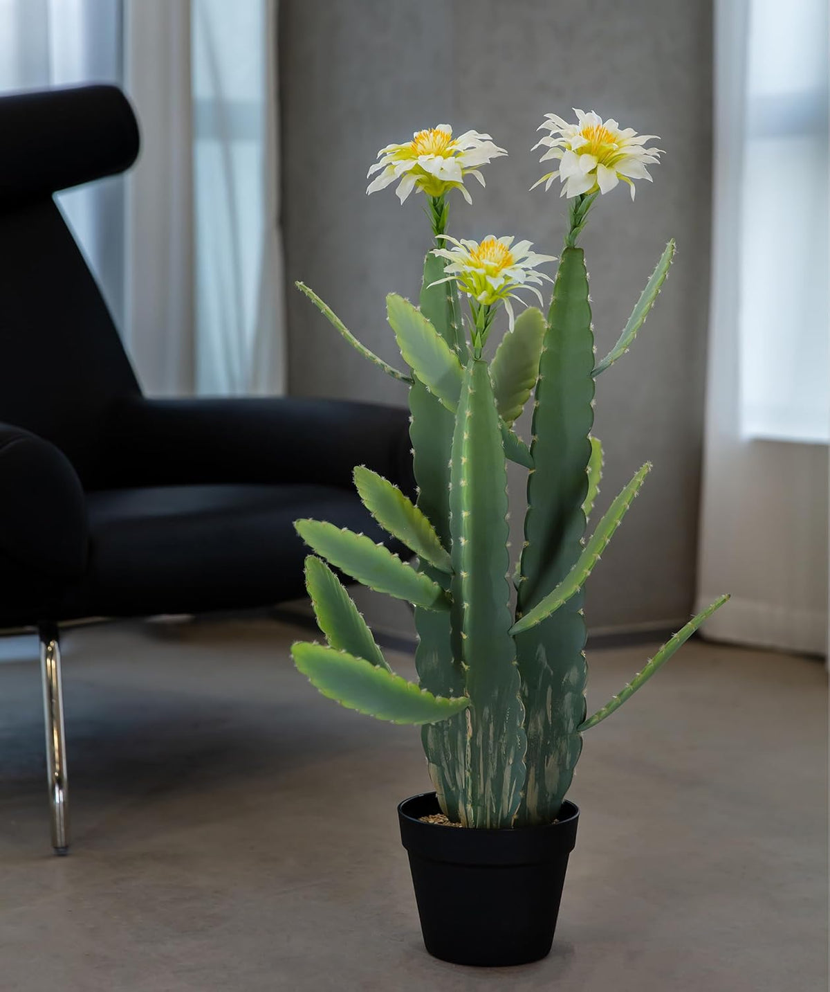 33 Inch Large Artificial Cactus with Lilly White Flowers in Pot with Natural Gravel. Satin Finish