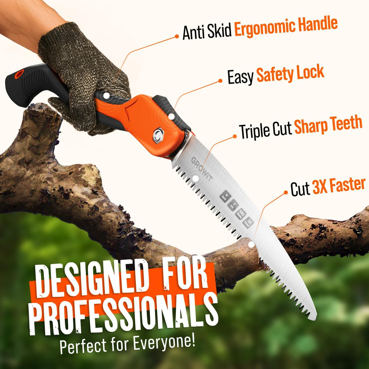 9-Inch Folding Camping Saw - Heavy Duty Pruning Saw with Triple-Cut SK5 Blade, 7 TPI Razor Teeth