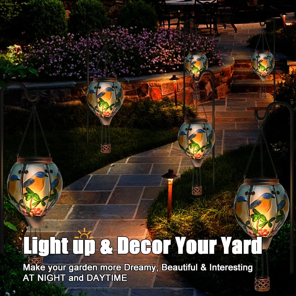 Hot Air Balloon Solar Lantern - Bluebird Glass Lantern, Simulated Flickering & Dancing Flame