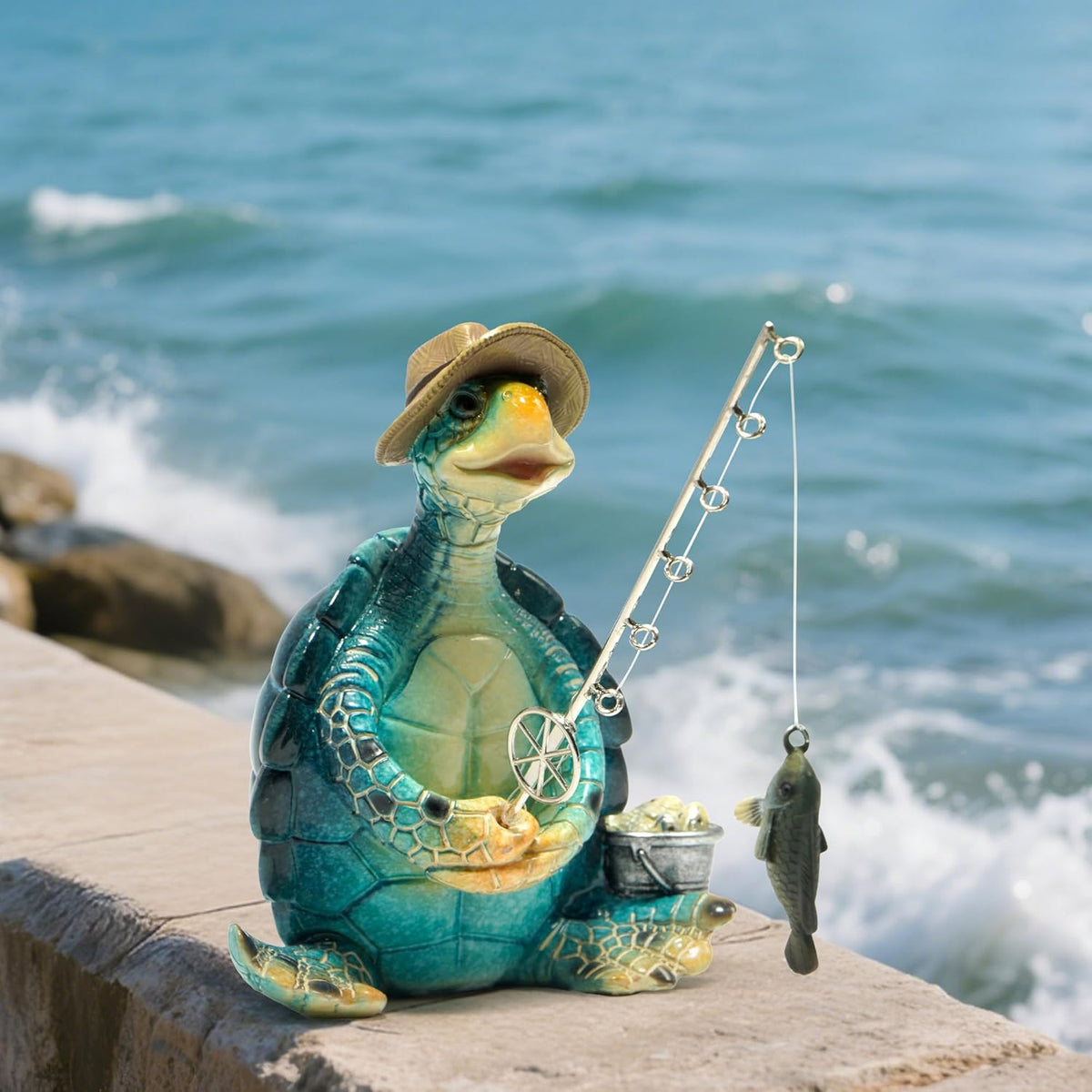 Hodao Sea Turtle Fishing Figurines Decoration Summer Turtle Crafts for Home Office Desk Decor