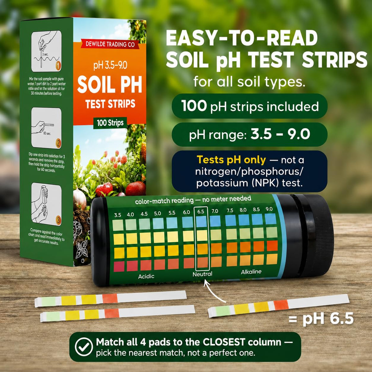 Soil Test Kit – 100 Soil pH Test Strips (3.5–9 Range) for Garden, Lawn & Indoor Plants – Easy