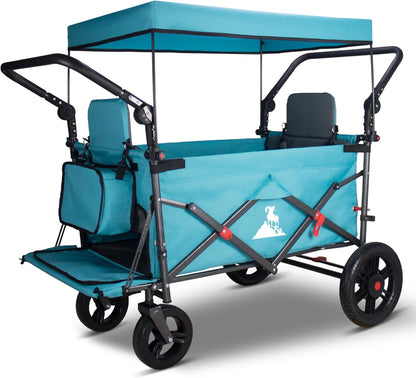Foldable Wagon with Canopy - Collapsible Utility Cart with 2 Seats & Belts, Adjustable Handle
