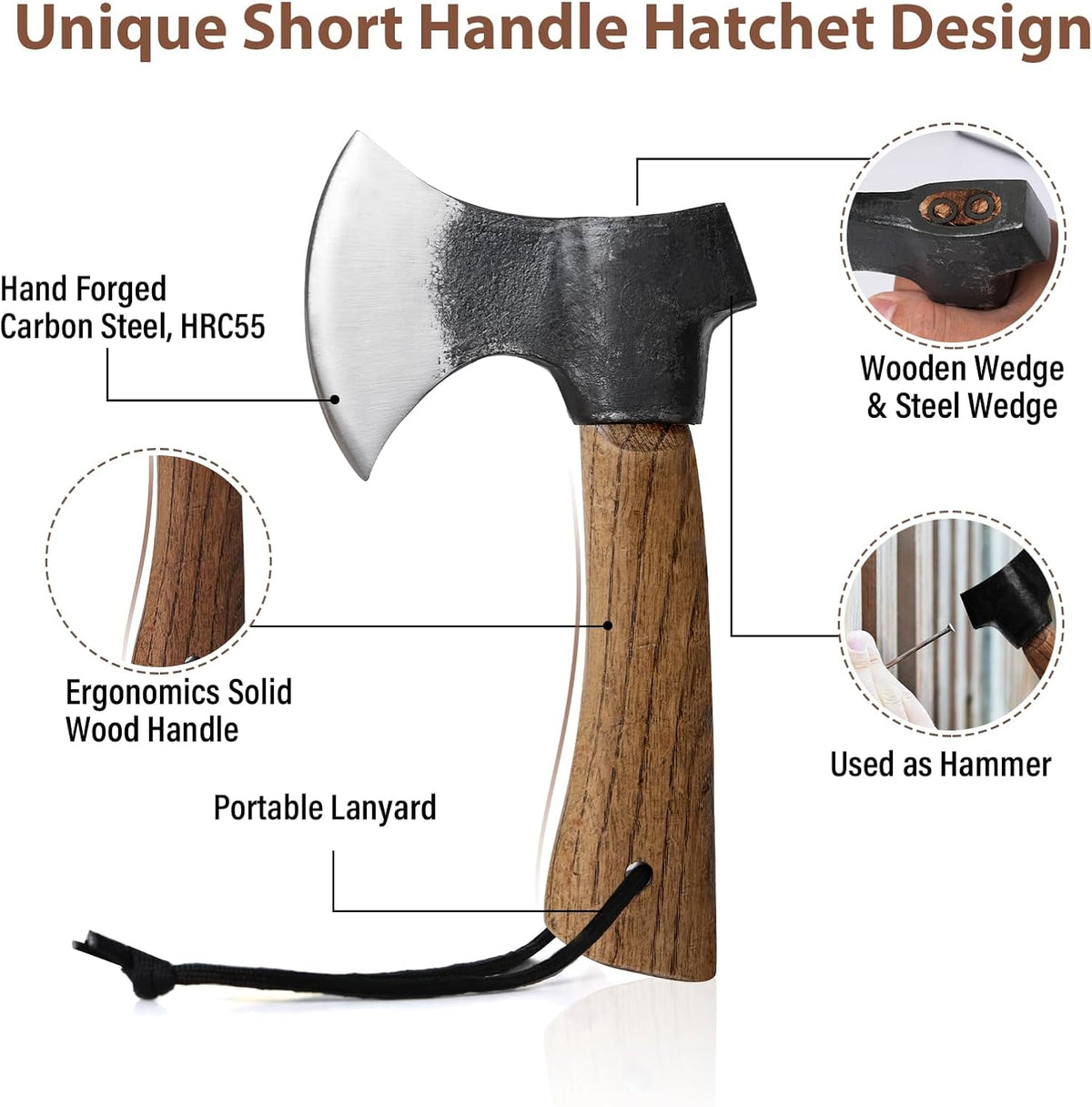Small Camping Axe with Leather Sheath, 8.46" Backpacking Hatchet with Wooden Handle, Splitting Axe