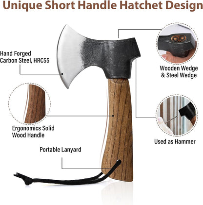 Small Camping Axe with Leather Sheath, 8.46" Backpacking Hatchet with Wooden Handle, Splitting Axe