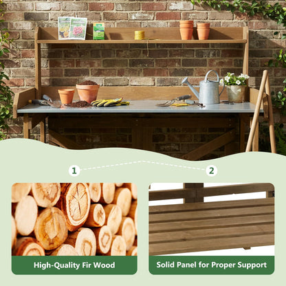 Garden Potting Bench Table Wooden Horticulture Outdoor Planting Work Bench with Metal
