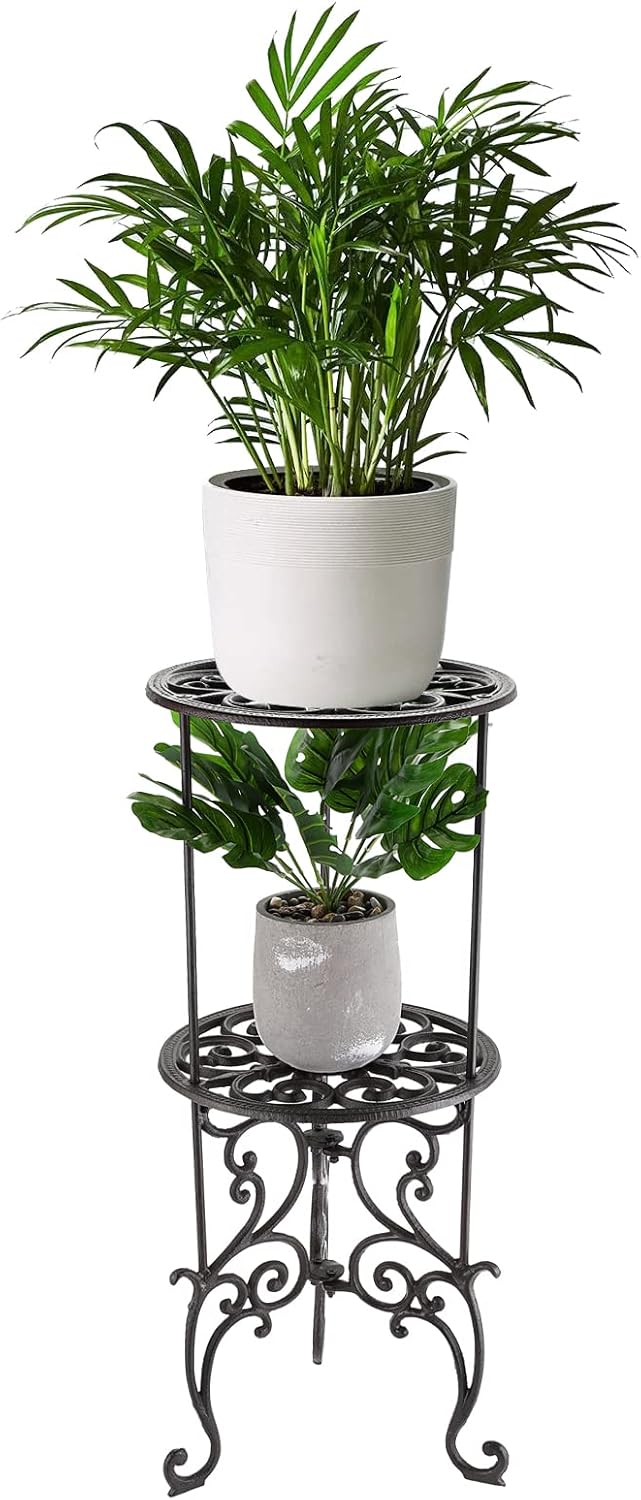 OwnMy Heavy Duty 2 Tiers Cast Iron Plant Stand, Vintage Iron Flower Pot Holder, 2 Layers Tall