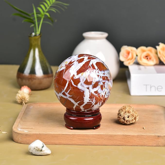 JIC Gem Natural Healing Crystal Sphere Ball Yellow Agate Crystal Decorative Ball with Display Stand