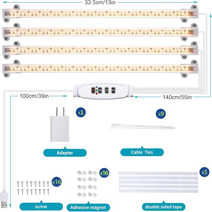 LED Grow Light Strips for Indoor Plants Full Spectrum 3500K, 192 LEDs Plant Light Bar with 3/9/12H