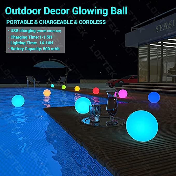 LOFTEK Floating Pool Lights - 6-inch Cordless Ball Light with Remote - 3 Modes & 16 RGB Color