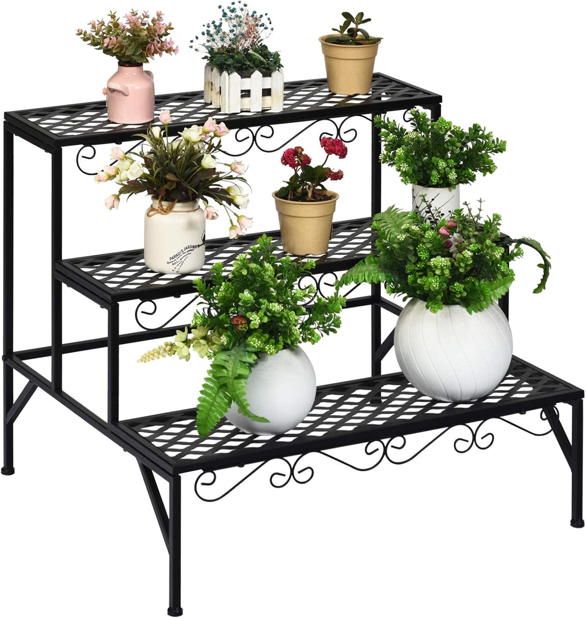 Giantex 3 Tiers Black Metal Plant Stand, Metal Plant Shelf Stands w/ 6-9 Flower Potted Capacity