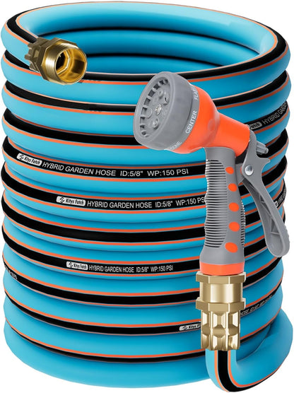 Upgraded Kink Free Hybrid Garden Hose 100ft 5/8", Thickened Heavy Duty Water Hose with Brass Solid
