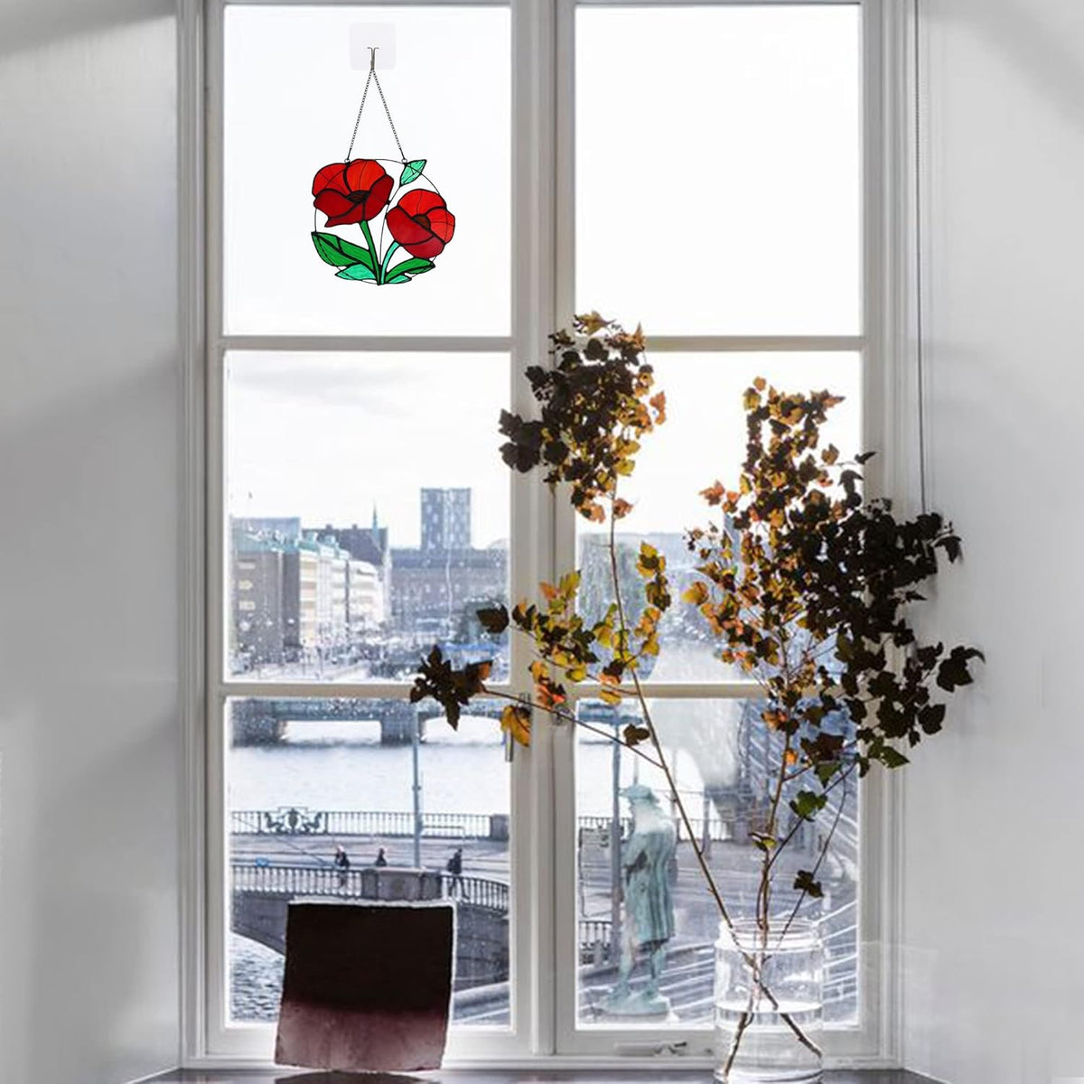 Red Flowers Stained Glass Window Hanging,Artificial Poppy Flower Suncatcher Wall Art Decor,Red