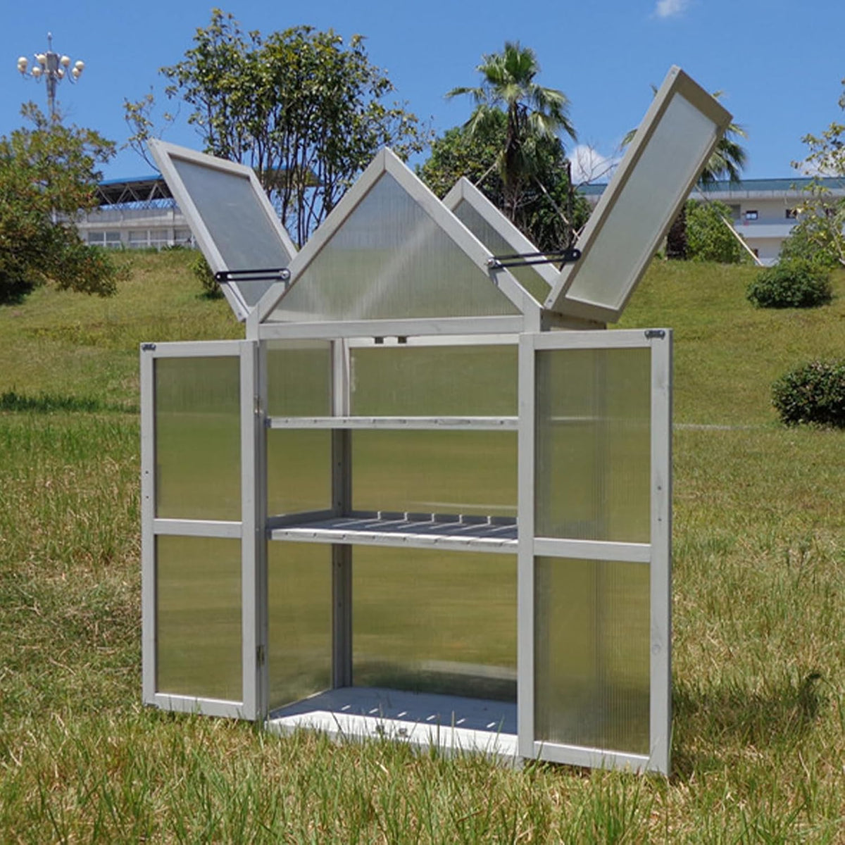 JOYBASE Wooden Mini Cold Frame Greenhouse for Outdoor with Adjustable Shelves, Opening Roof & Wall