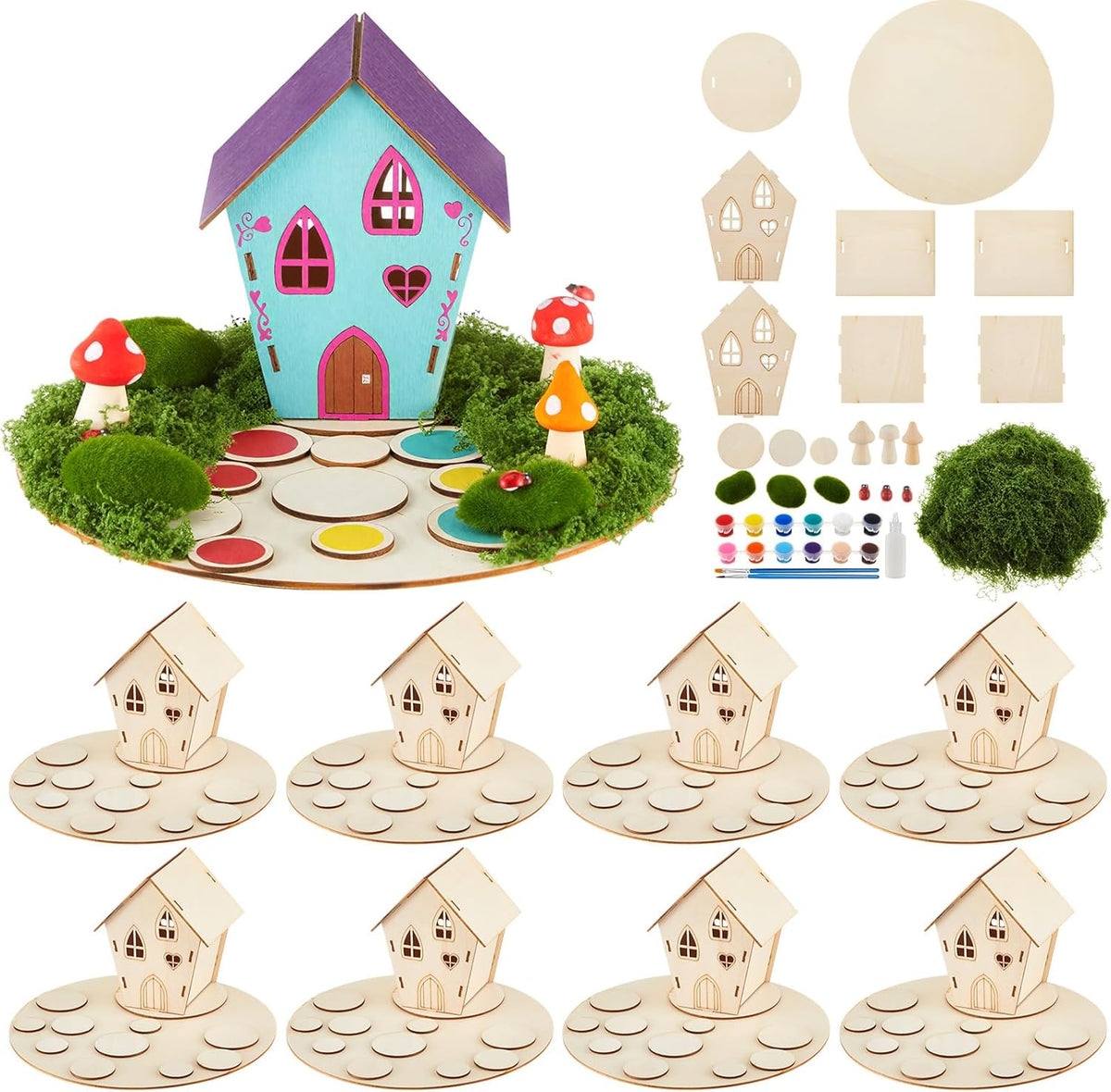 Kathfly 8 Sets Wooden Fairy House Craft Kit, Fairy Garden Kit with Paints & Decorations, Unpainted