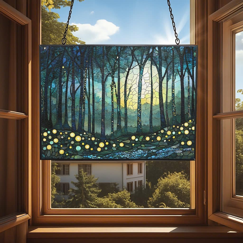 Personalized Rectangle Boho Firefly Forest Suncatcher Stained Glass Window Hangings Sun Catchers