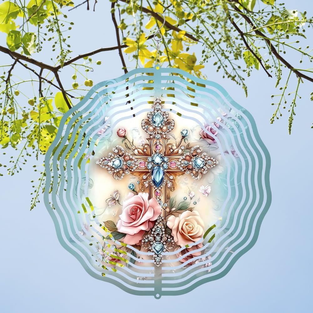 Cross Flower Wind Spinner, Metal Wind Spinners Outdoor/Indoor, God Cross Hanging Garden Decor for