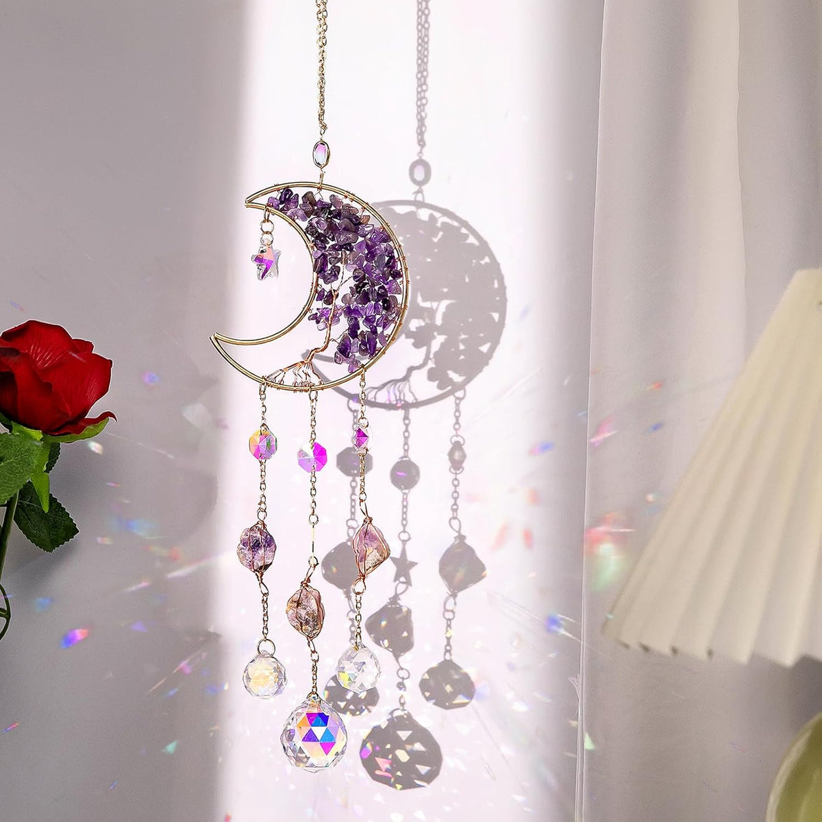 TUOKING Amethyst Crystal Moon Suncatchers for Window Hanging Tree of Life Natural Healing Stones