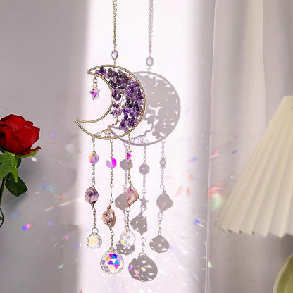 TUOKING Amethyst Crystal Moon Suncatchers for Window Hanging Tree of Life Natural Healing Stones