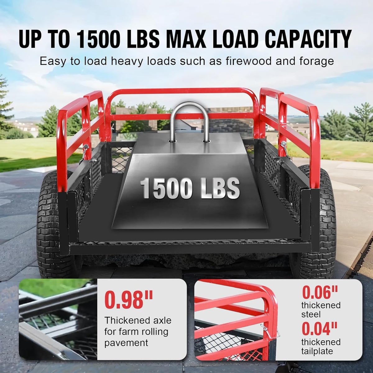BIG RED Heavy Duty ATV Trailer Steel Dump Cart: Yard Garden Trailer for Lawn Mower, Tractor, Garden
