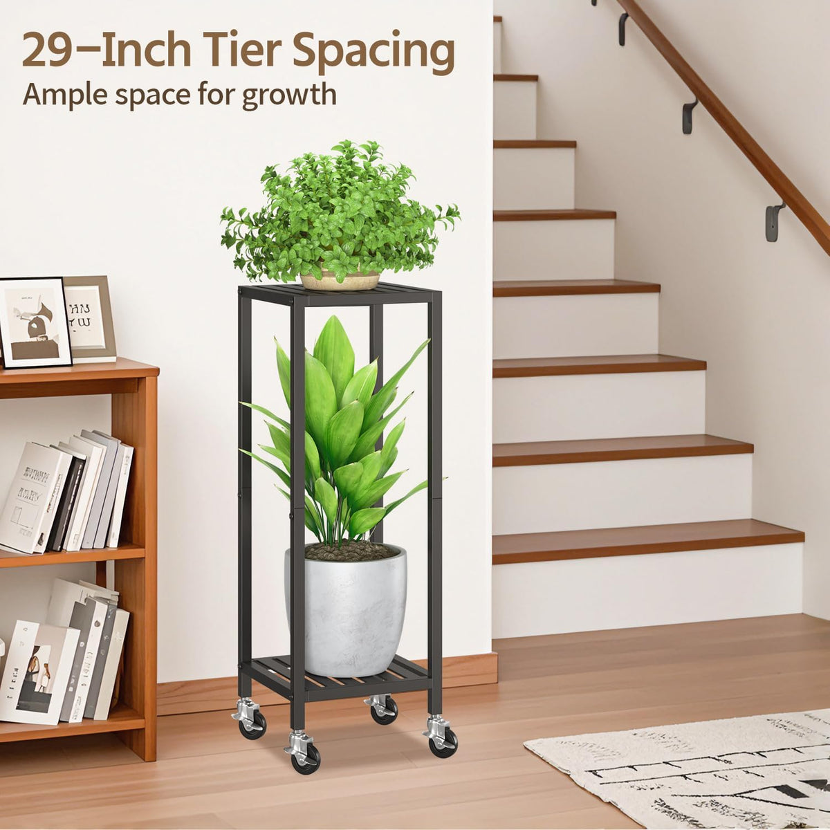 LASZOLA 2 Tier Black Metal Plant Stand Indoor Outdoor with Wheel for Large Planter, Modern Heavy