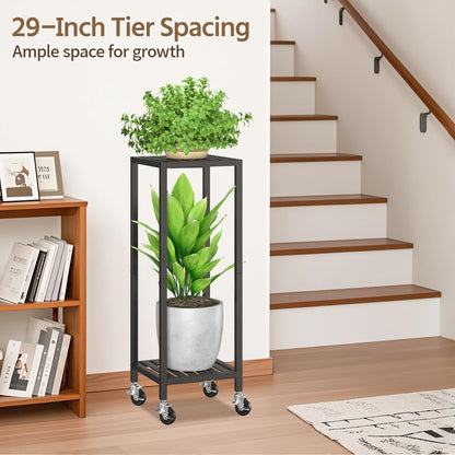 LASZOLA 2 Tier Black Metal Plant Stand Indoor Outdoor with Wheel for Large Planter, Modern Heavy