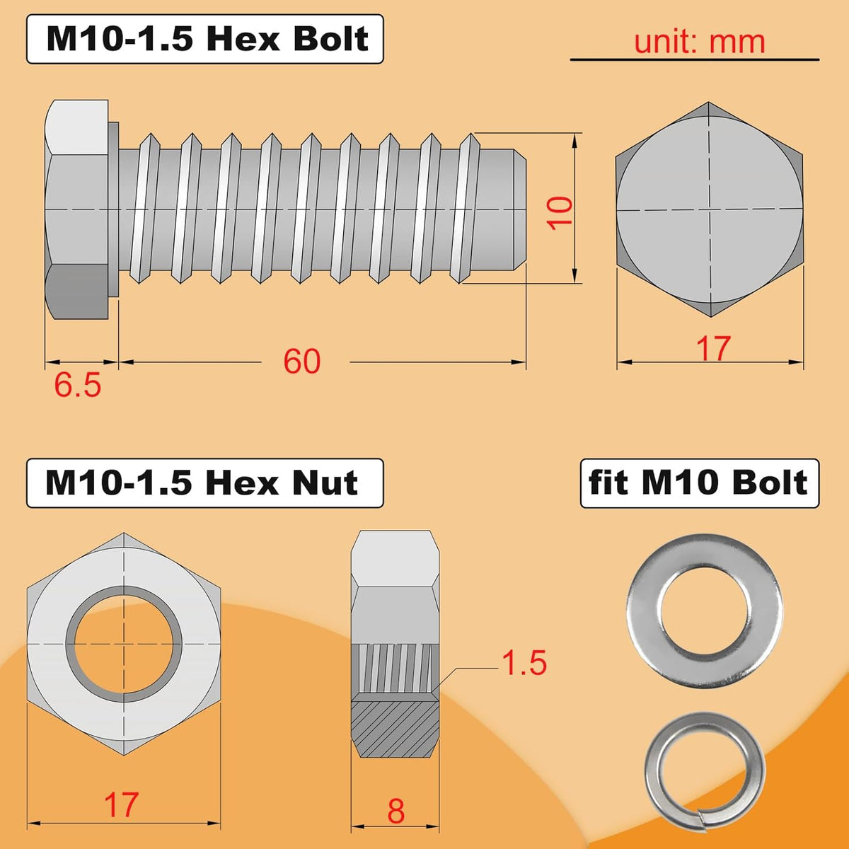 M10 Hex Bolts and Nuts Set, M10x60mm Fully Thread Bolt, M10-1.25mm Hexagon Nut with Flat Washers