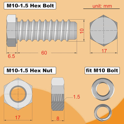 M10 Hex Bolts and Nuts Set, M10x60mm Fully Thread Bolt, M10-1.25mm Hexagon Nut with Flat Washers