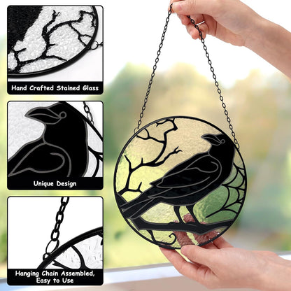 Raven Stained Glass Suncatcher Window Hanging Decoration, Halloween Gothic Black Crow Glass