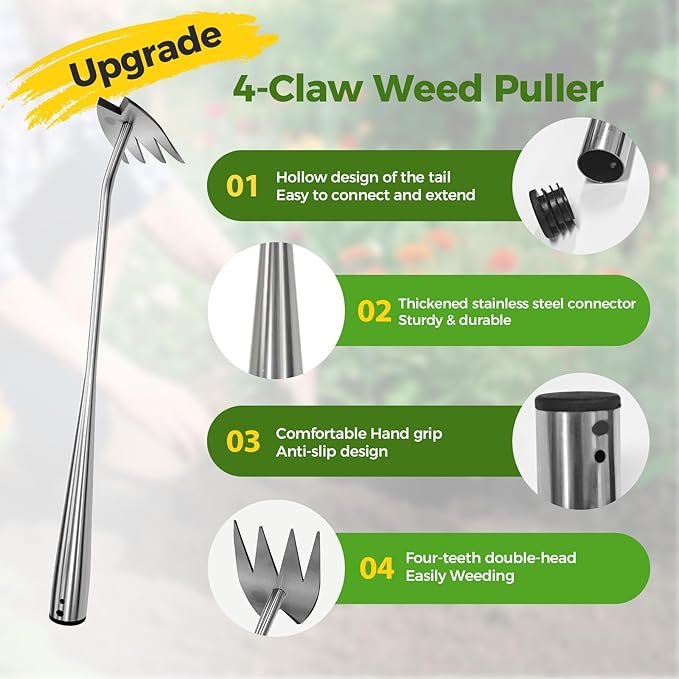 2025 Upgraded Weed Puller Tool, 4-Tooth Manganese Steel Manual Weeders, Portable Garden Weed