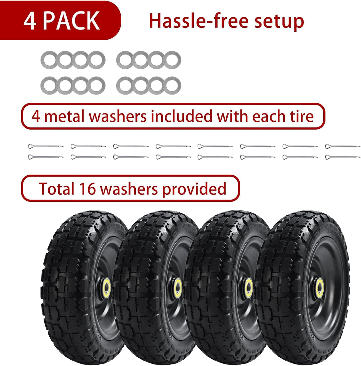 10" Solid Tires (4-Pack) - 4.10/3.50-4 Flat-Free Replacement Wheels for Gorilla Carts