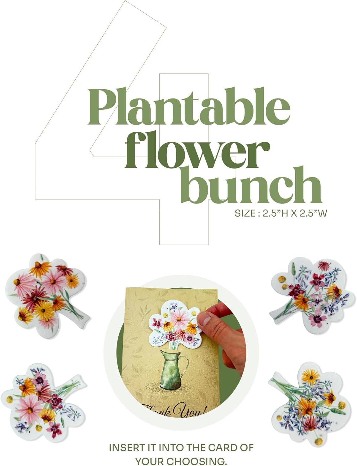 Seed Paper Thank You Cards – 4 Plantable Bouquet Inserts with Wildflower Seeds, 4 Greeting Cards &