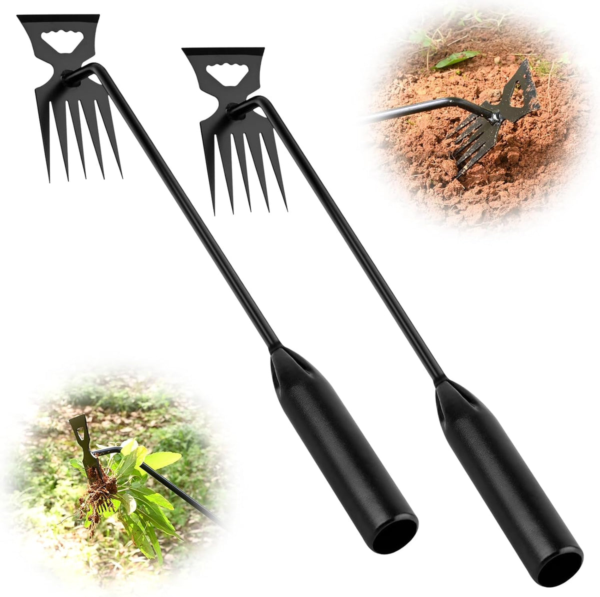 Weed Puller Tool Garden Weed Pulling Tool, 4-Tine Manganese Steel Weeder Tool - Black Coated Forged