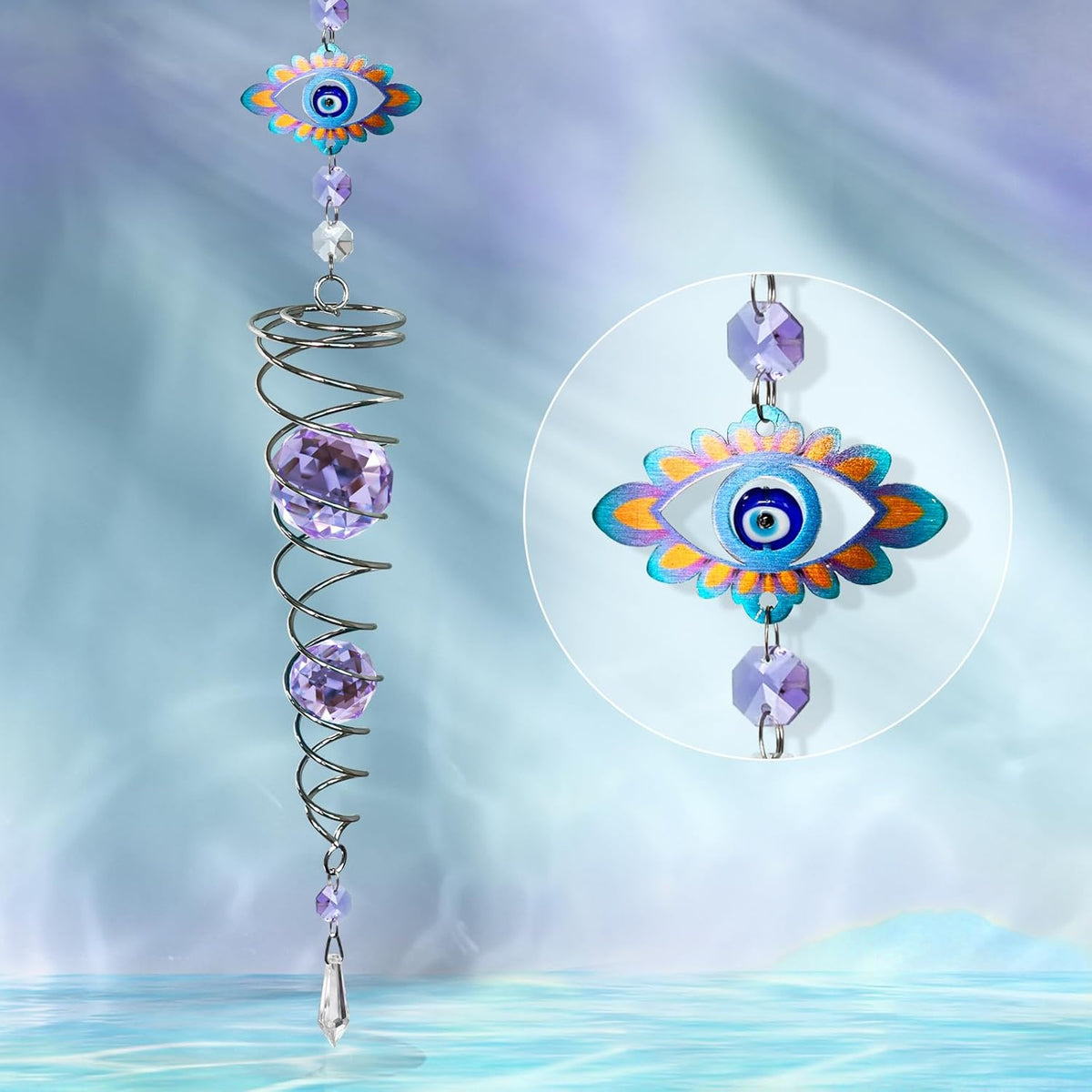 FONMY Evil Eye Gazing Ball Spiral Tail Wind Spinner Sun Catcher Rainbow Maker Silver Spiral