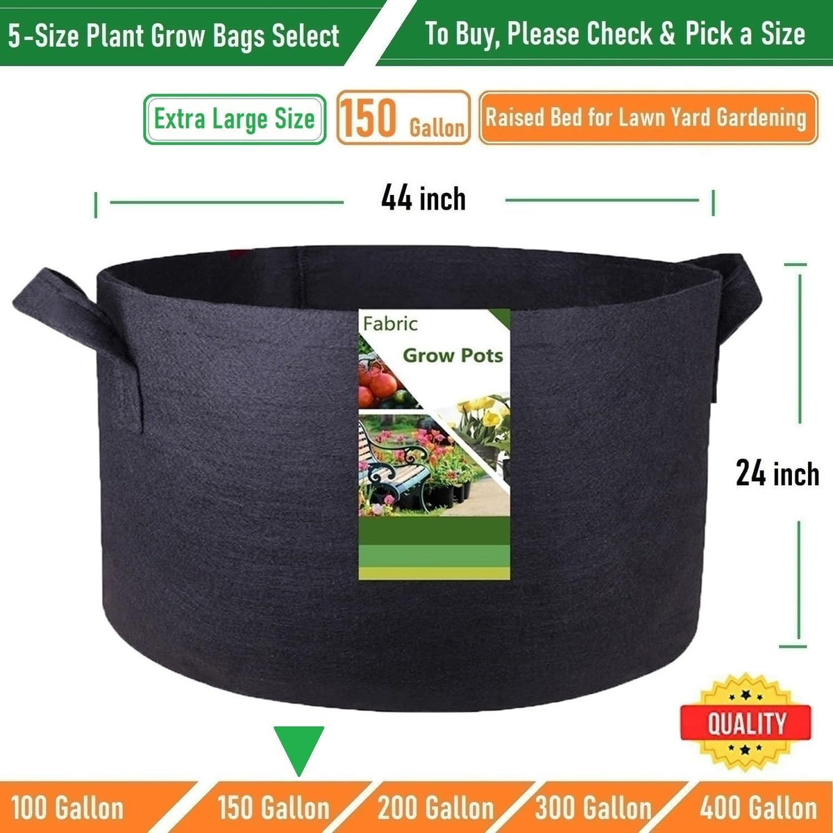 150 Gallon Large Raised Garden Bed Bag (44x24 inch) Big Garden Bag Sturdy Plant Grow Bag for