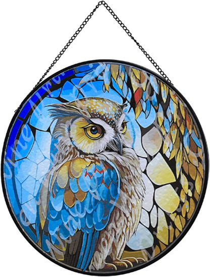 Hanging Stained Glass for Windows,20cm/7.87inch Owl Suncatcher Stained Glass Garden Hangings