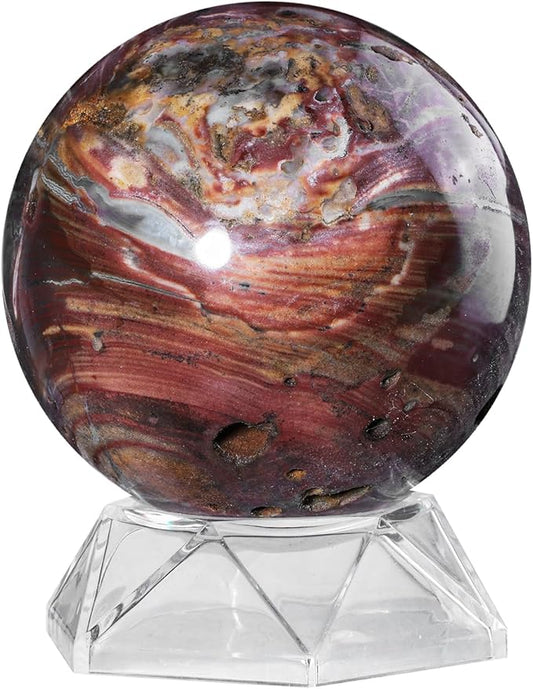 Natural Ocean Jasper Crystal Ball with Acrylic Display Base, 71-80mm Polished Stone Feng Shui