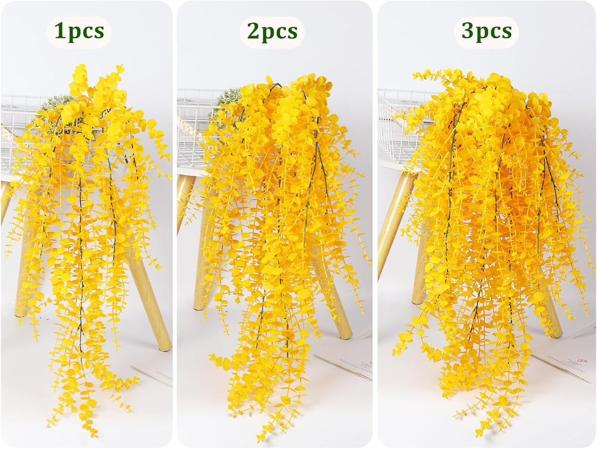 RECUTMS Aritificial Hanging Plant 3 Pack Fake Eucalyptus Leaves Faux Yellow Vine Plant Hanging for