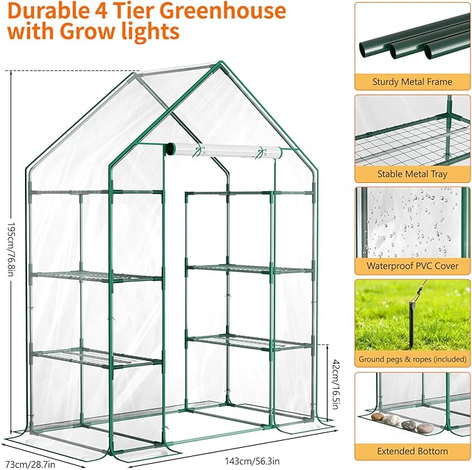 Indoor Greenhouse with Grow Light, 4-Tier Mini Greenhouse 56.3"x28.7"x76.8" Small Greenhouse with