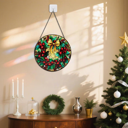 Stained Glass Window Hanging, Christmas Festive Holly and Red Berries Suncatcher for Doors Home Sun