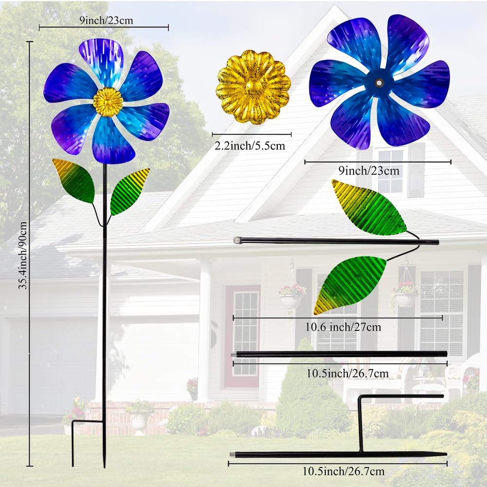 Viveta 2 Pack Garden Wind Spinners, 35.4 "Flower Metal Windmill,Pink and Blue Wind