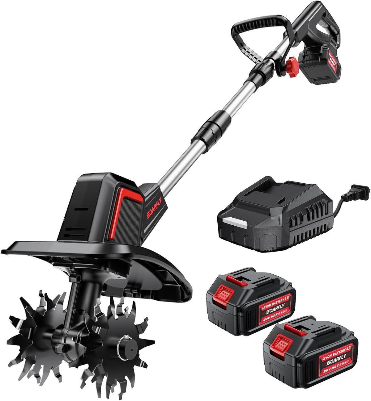 Cordless Electric Tiller for Gardening, Total 8.0Ah Battery Powered Mini Cultivator with 2×4.0AH