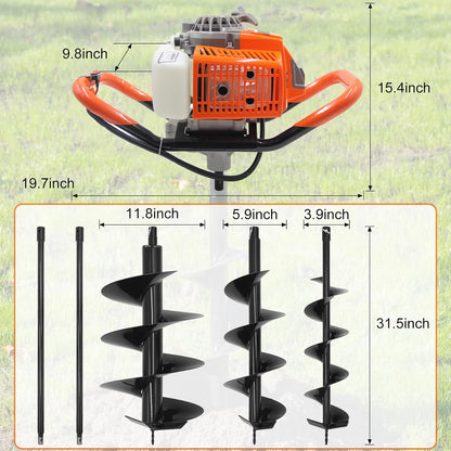 72CC Newly Upgraded Post Hole Digger Gas Powered, 2 Stroke Auger Post Hole Digger with 3 Drill Bits