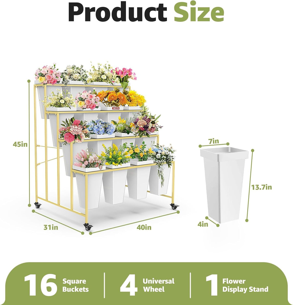 Flower Display Stand 4 Layers with 16 PCS Square Buckets, Plant Stand with Wheels, Movable Metal