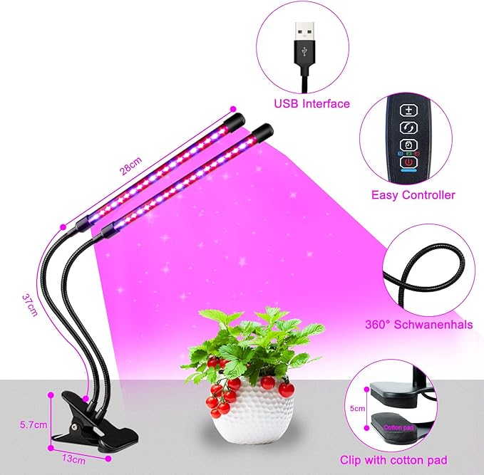Grow Lights for Indoor Plants, Full Spectrum LED Plant Lamps with Clips and 3m Cables for Seeding