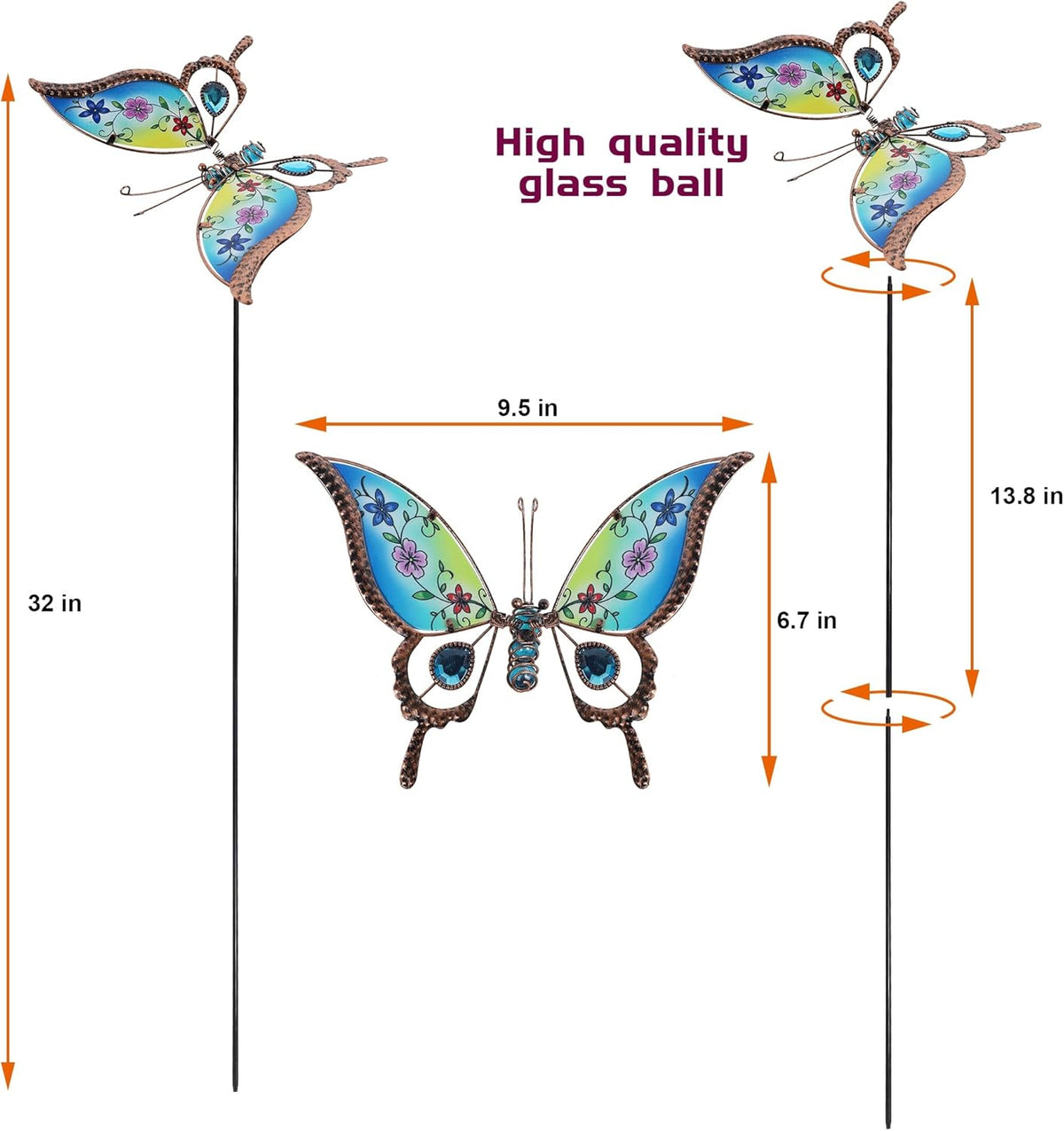 Juegoal Set of 4 Butterfly Garden Stake Decor, 32" Metal Colorful Butterflies Stakes, Yard Art