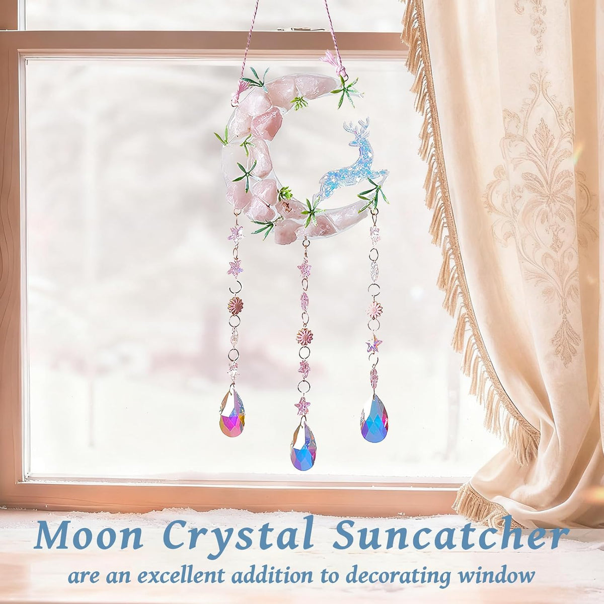 TUOKING Crystal Suncatchers for Window Green Deer Pink Dreamy Crystal Natural Stone Sun Catchers