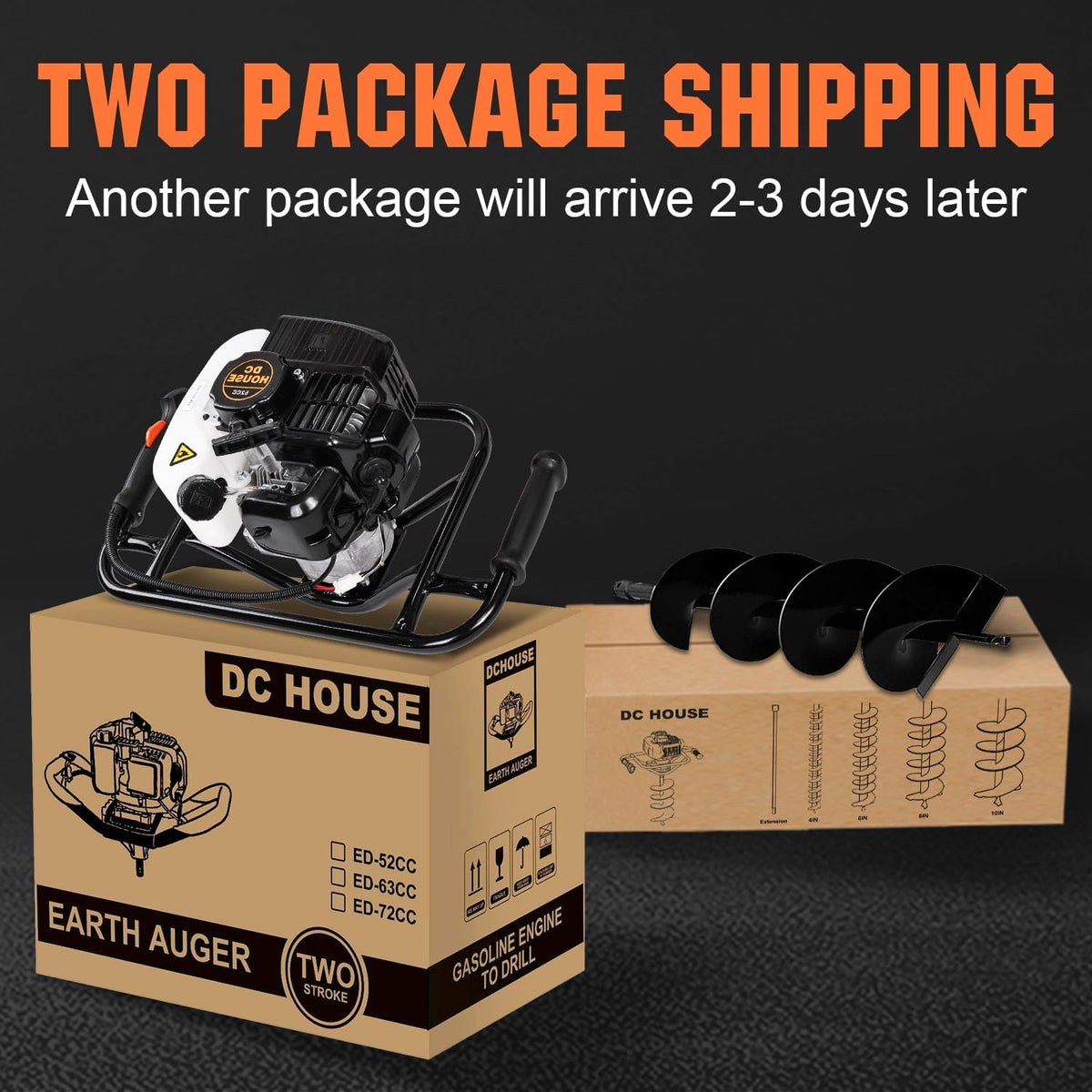 DC HOUSE 52cc 1800W Gas Powered Earth Auger EPA Certified Post Hole Digger, with 3 Drill Bits 4" 6"