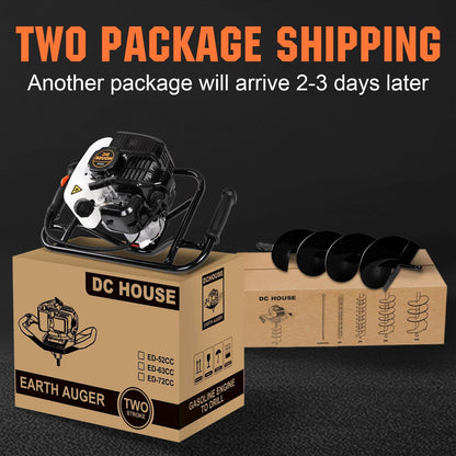 DC HOUSE 52cc 1800W Gas Powered Earth Auger EPA Certified Post Hole Digger, with 3 Drill Bits 4" 6"