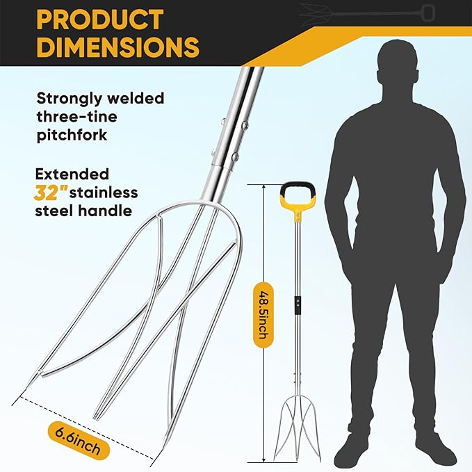 Pitchfork for Gardening, 48.5" Extendable Stainless Steel Garden Pitchfork with Handle, Suitable